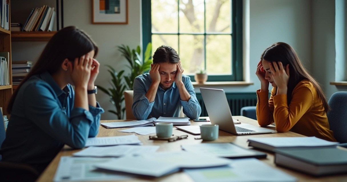 Profissionais cansados em escritório de projeto social 