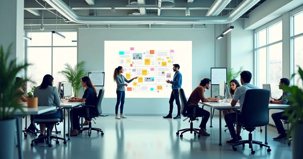 Escritório moderno com designer trabalhando em equipe, quadro branco ao fundo e apresentação em tela.