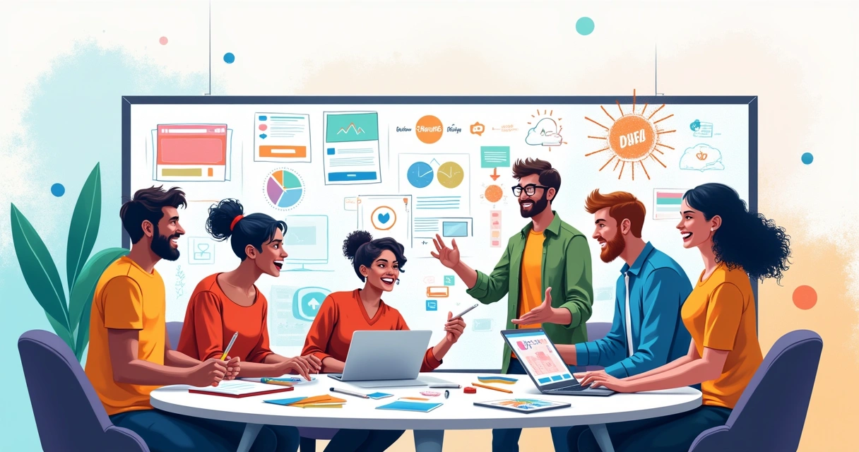 Equipe de design diversificada colaborando em um espaço criativo com esboços e ferramentas de design.
