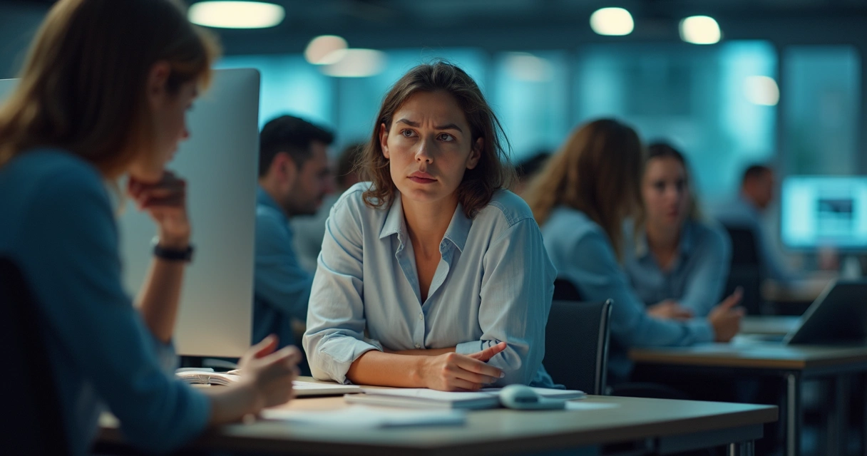 Equipe desmotivada em ambiente de trabalho escuro 
