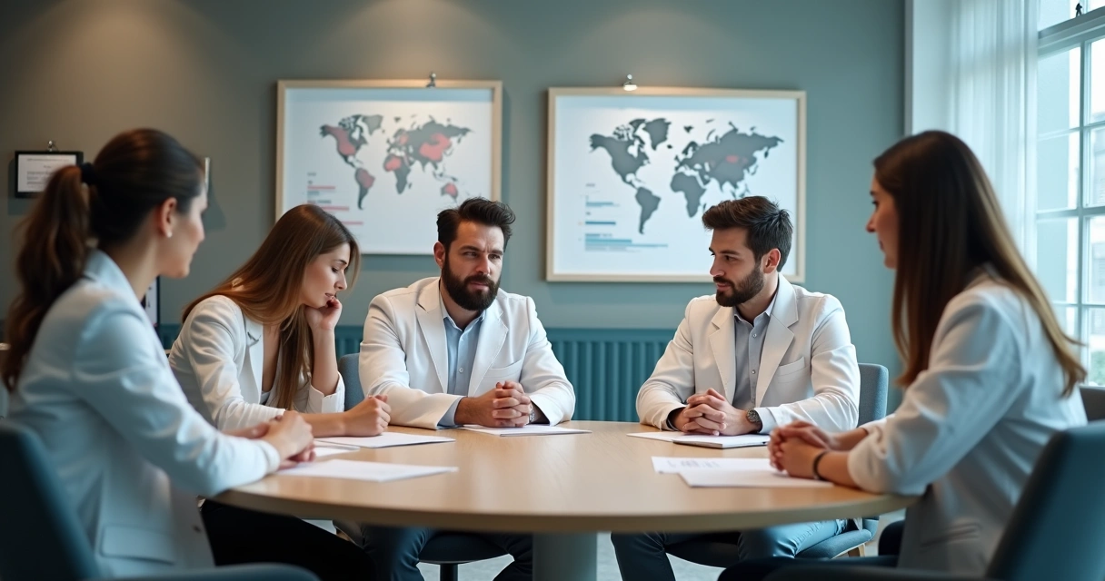 Equipe de clínica odontológica sentada ao redor de uma mesa de reunião, com alguns membros cabisbaixos e outros tentando conversar.