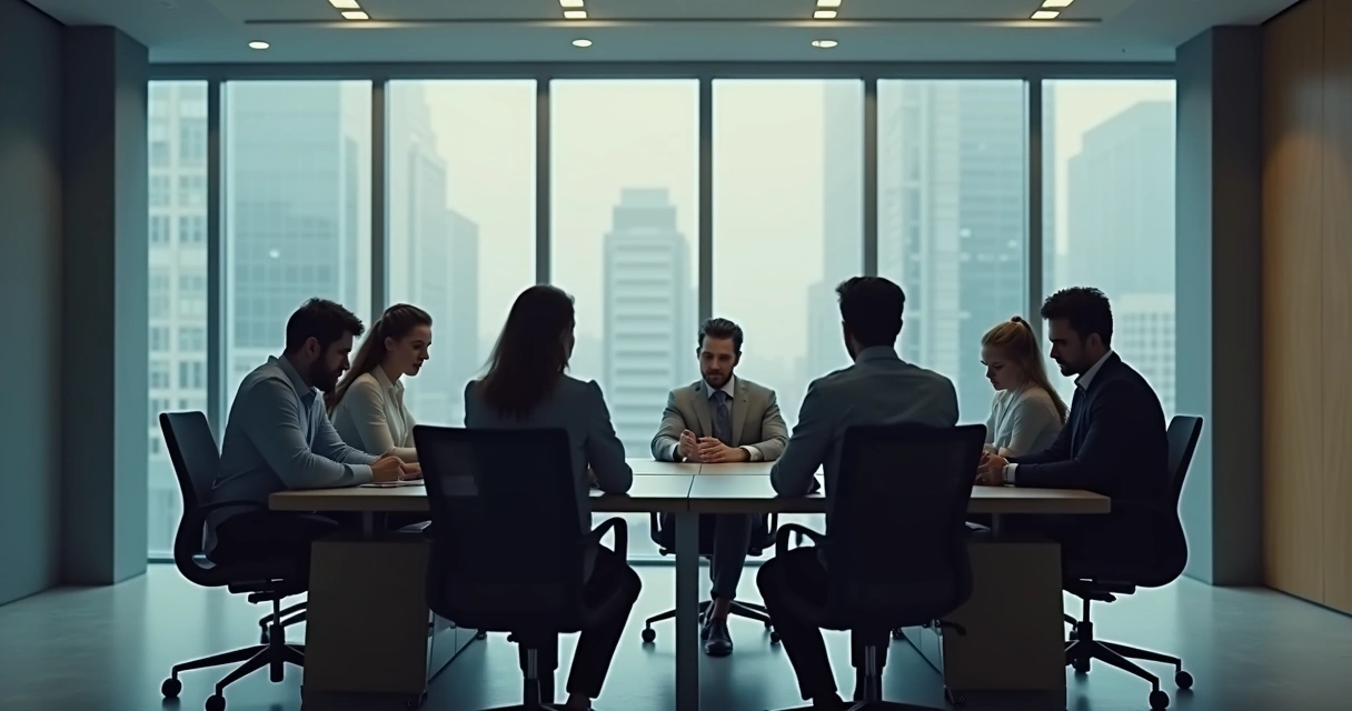 Equipe corporativa olhando para baixo em uma sala de reunião vazia 