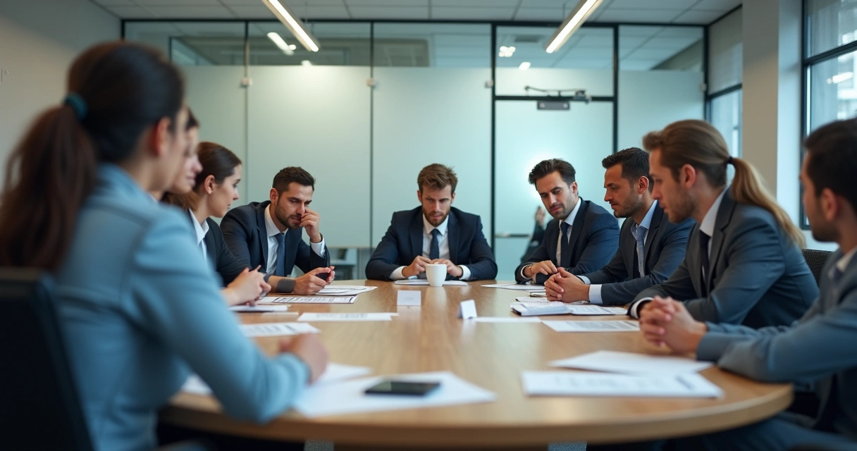 Equipe desmotivada sentada em uma mesa de reunião de escritório