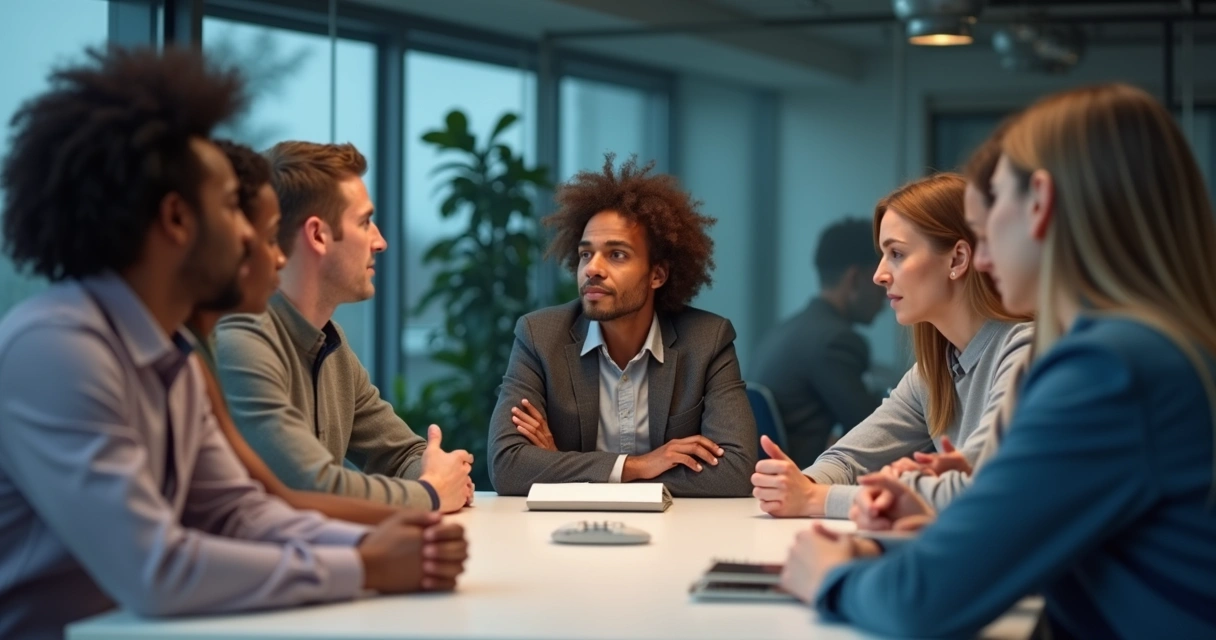 Equipe em reunião, rostos mostrando insegurança e desmotivação 