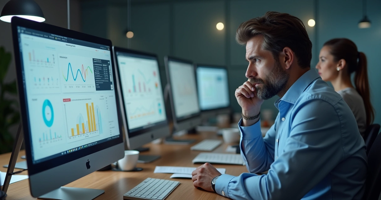 Equipe desmotivada diante de telas de computador com ferramentas digitais abertas