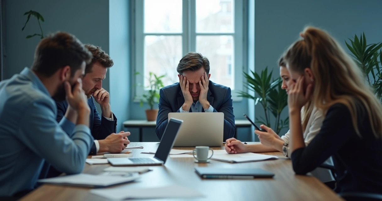 Equipe comercial desmotivada reunida em sala de reunião 