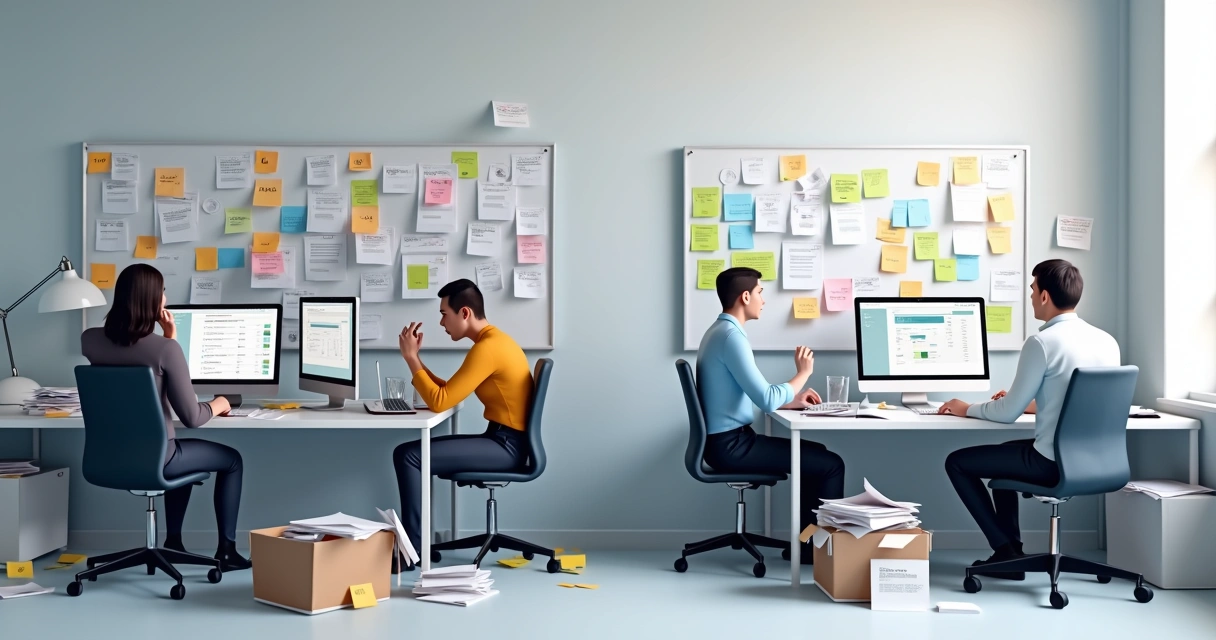 Equipe em escritório desorganizado com clima tenso e confuso 