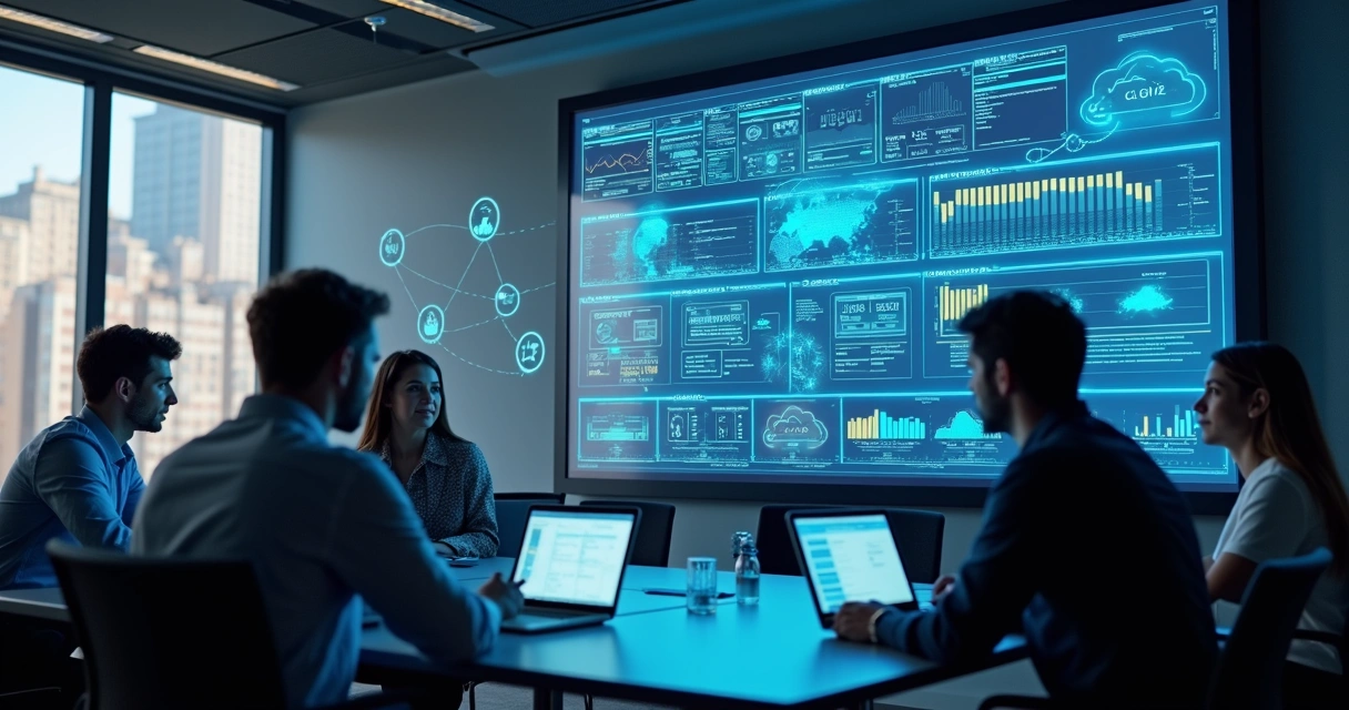 Equipe de profissionais de tecnologia colaborando em automação DevOps com laptops e telas digitais ao redor 