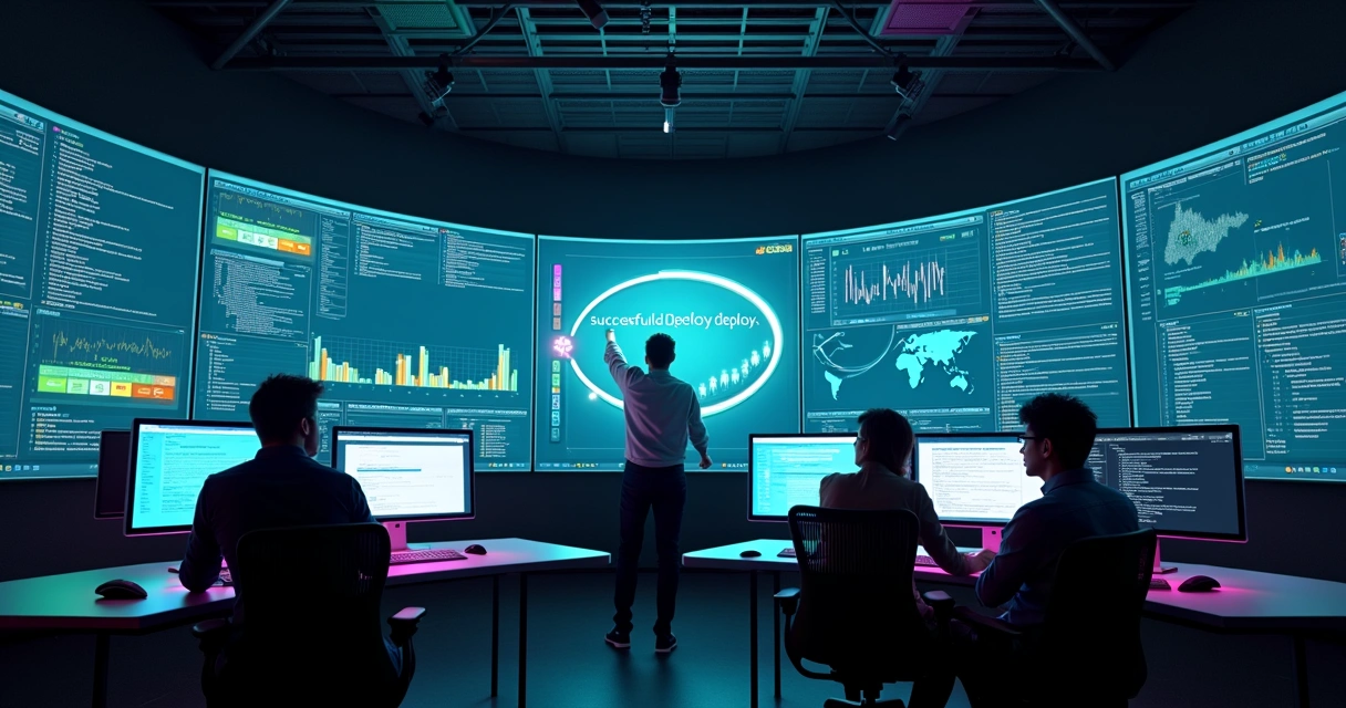 Equipe de tecnologia acompanhando painel de deploy e evolução contínua de software 