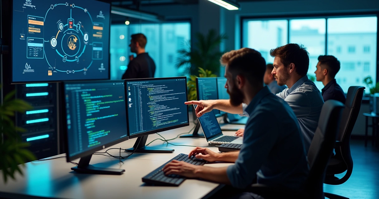 Equipe de TI colaborando em ambiente DevOps com dashboards e código na tela 