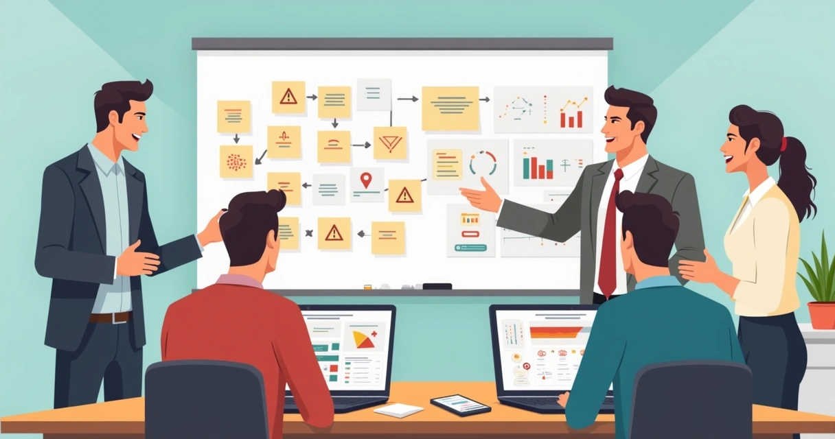 Reunião de equipe analisando riscos de projeto com quadros e gráficos 