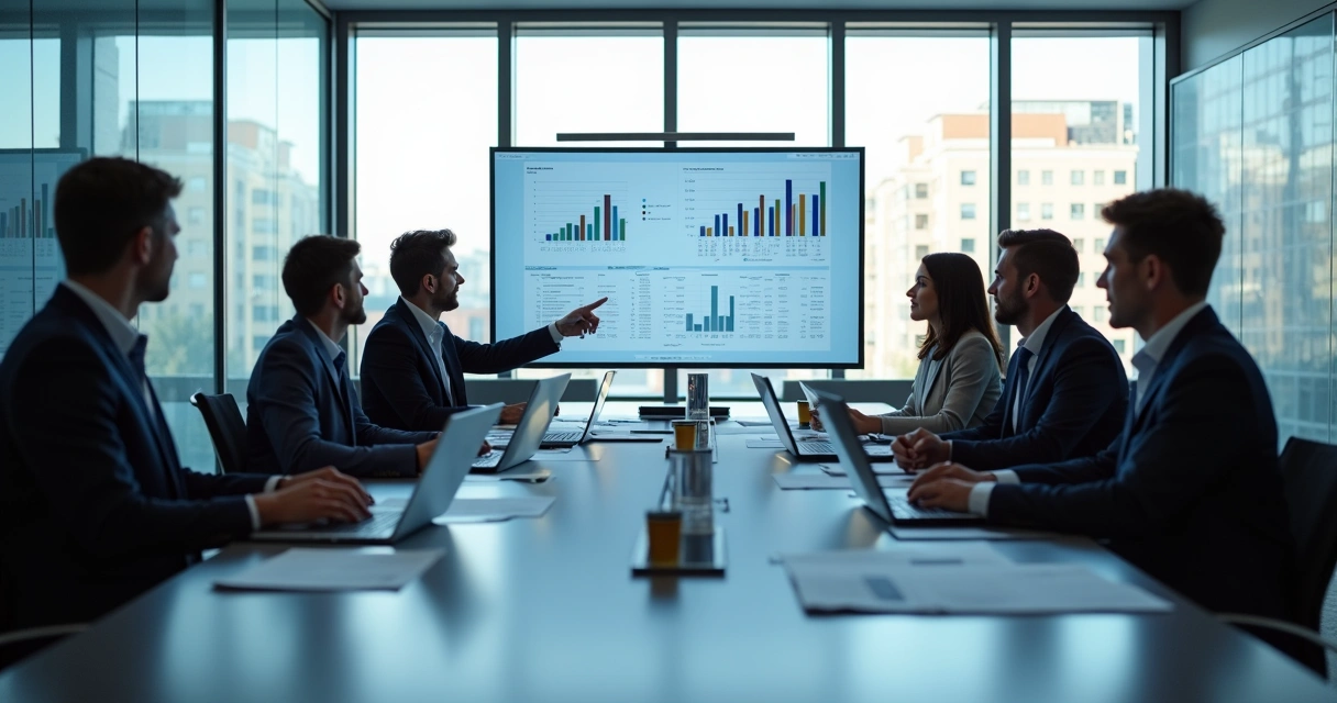 Consultores reunidos analisando processos de vendas em sala moderna, com gráficos e computador 