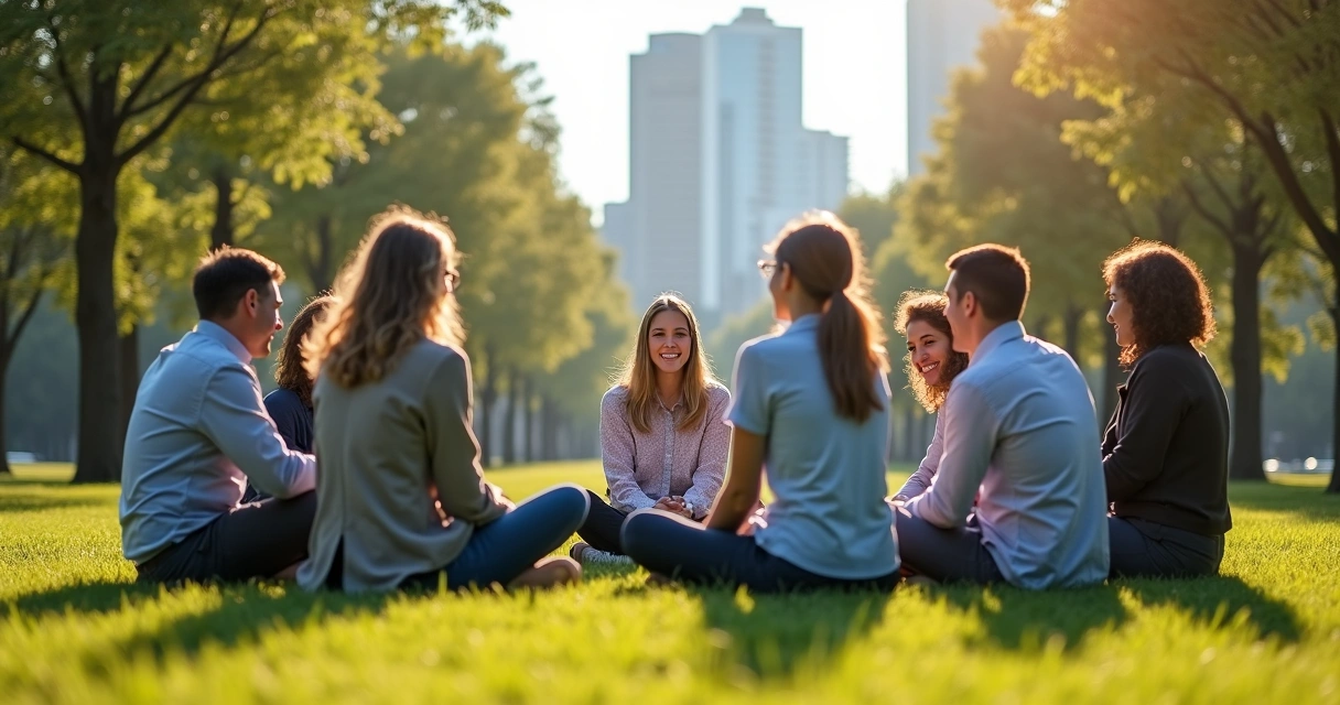 Colegas de trabalho conversando abertamente em círculo ao ar livre em ambiente verde.