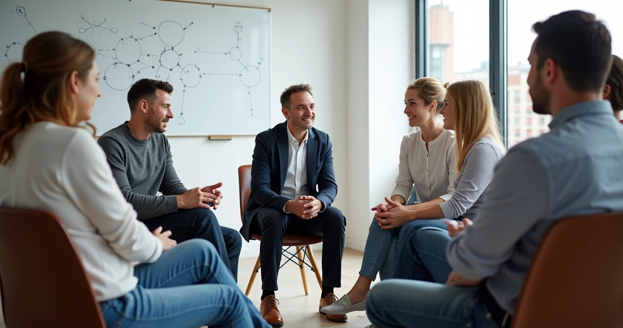 Equipe reunida em círculo praticando diálogo para resolução de conflitos 