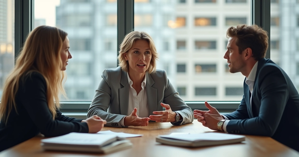 Três pessoas conversando sentadas ao redor de uma mesa de escritório 