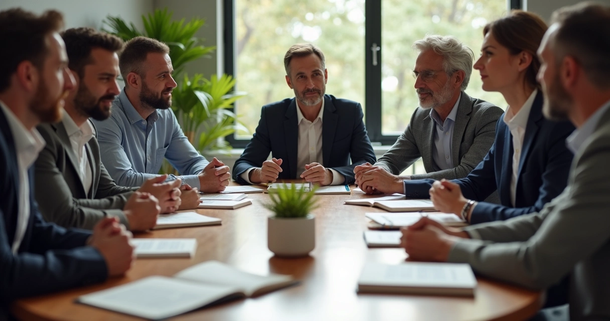 Grupo de pessoas em sala de reunião discutindo ao redor de mesa redonda