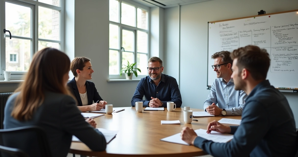 Equipe reunida em mesa redonda, dialogando com papéis e laptops 