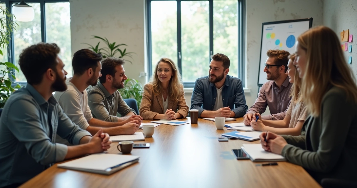 Equipe diversa de pessoas sentadas ao redor de uma mesa em ambiente de escritório, discutindo, com expressões faciais atentas, papéis e notebooks na mesa
