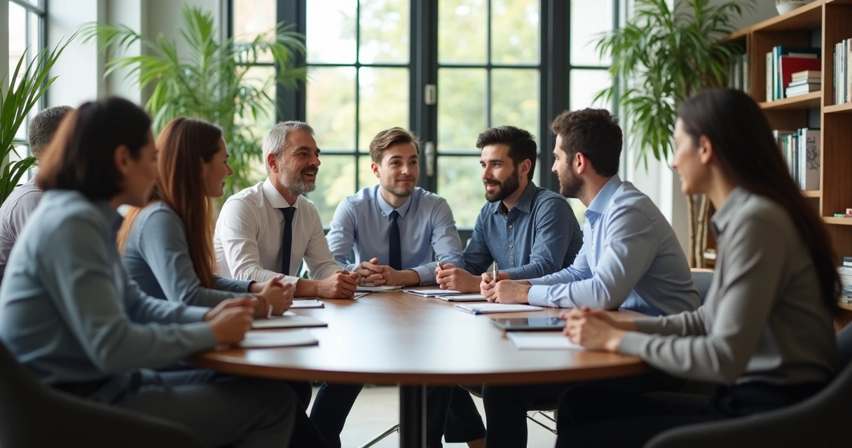Equipe de trabalho reunida em mesa redonda conversando calmamente 