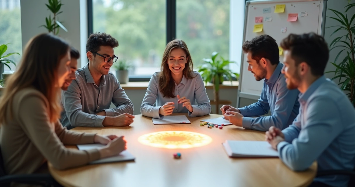 Equipe em reunião com foco em comunicação empática e calma 