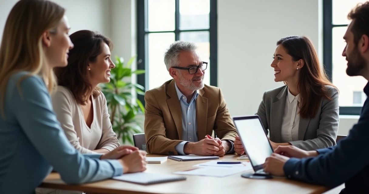 Três pessoas em reunião, conversando de forma respeitosa em uma sala de escritório 