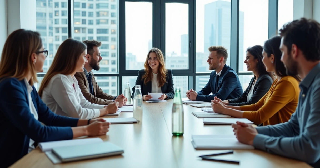 Equipe de trabalho dialogando em sala de reunião 