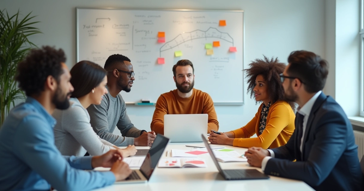 Equipe sentada em uma mesa de reunião dialogando, papéis e notebooks à vista