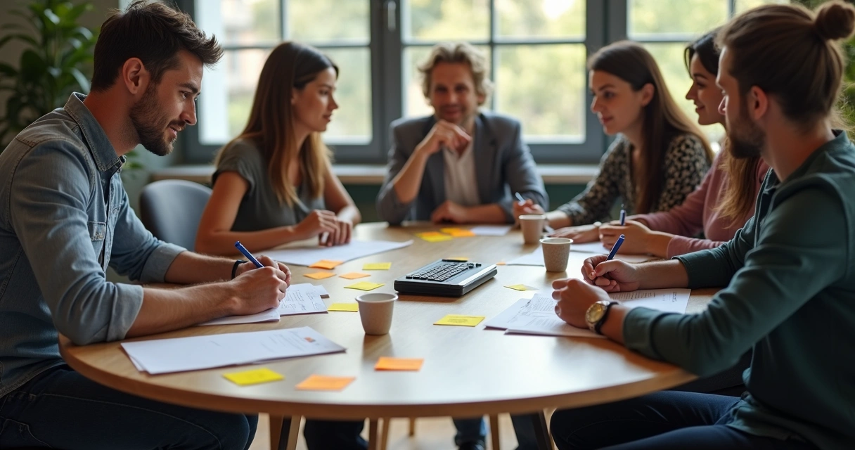 Equipe reunida ao redor de uma mesa redonda, discutindo ideias e valores. 