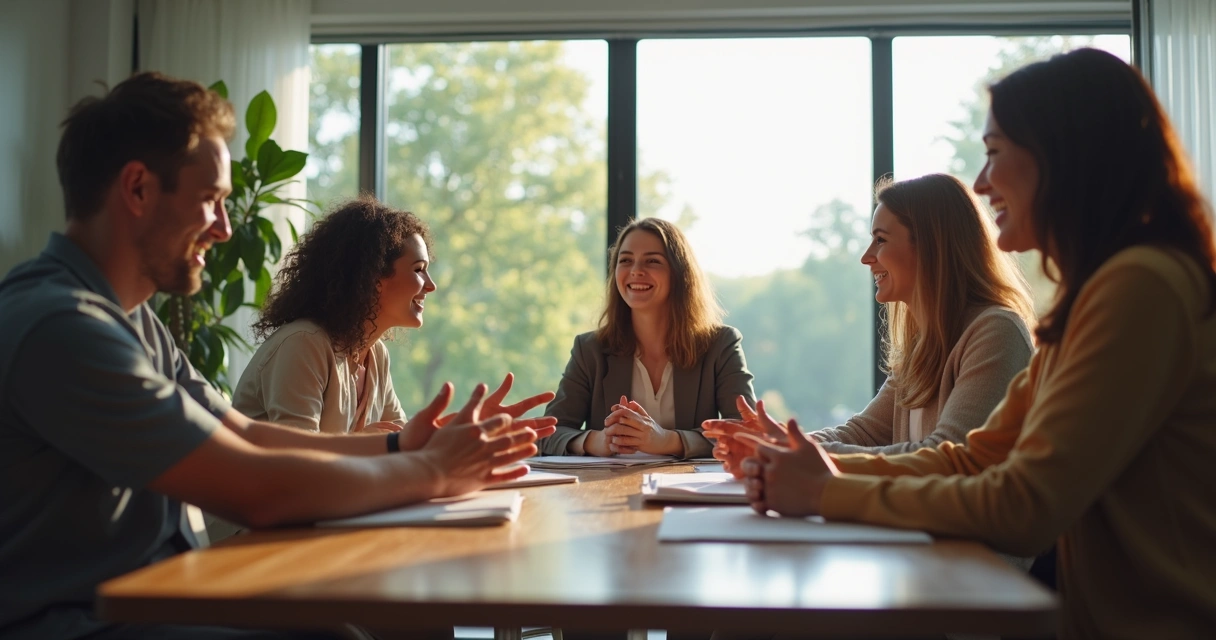 Equipe reunida conversando de forma empática em sala de reunião 