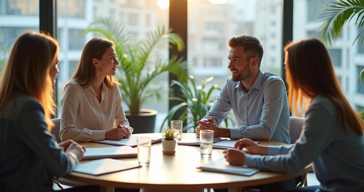 Equipe conversando com calma em ambiente de trabalho 