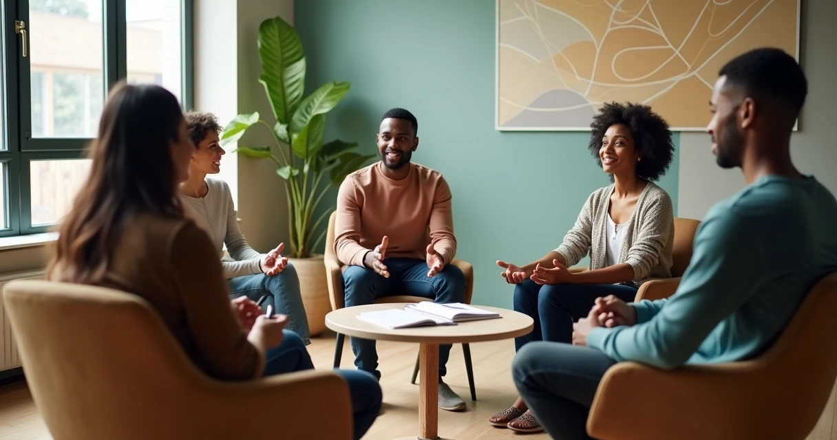 Equipe diversa sentada em círculo em sala moderna em momento de escuta atenta 