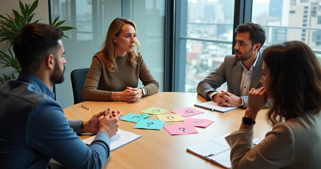 Equipe em reunião tensa em mesa redonda com cards coloridos de perguntas 