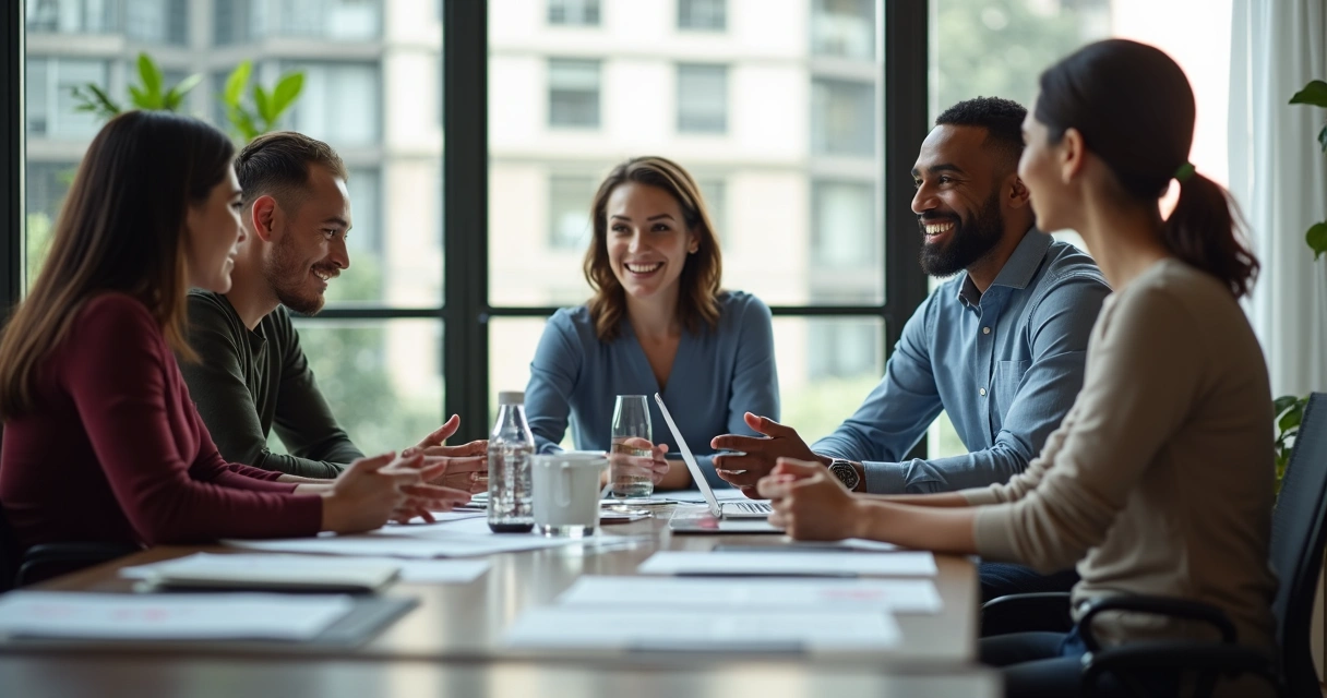 Reunião de equipe com pessoas ouvindo atentas, expressão de abertura 