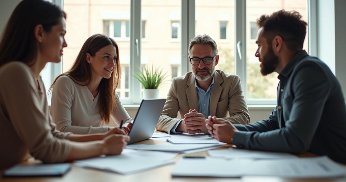 Equipe sentada em círculo conversando em ambiente de trabalho 