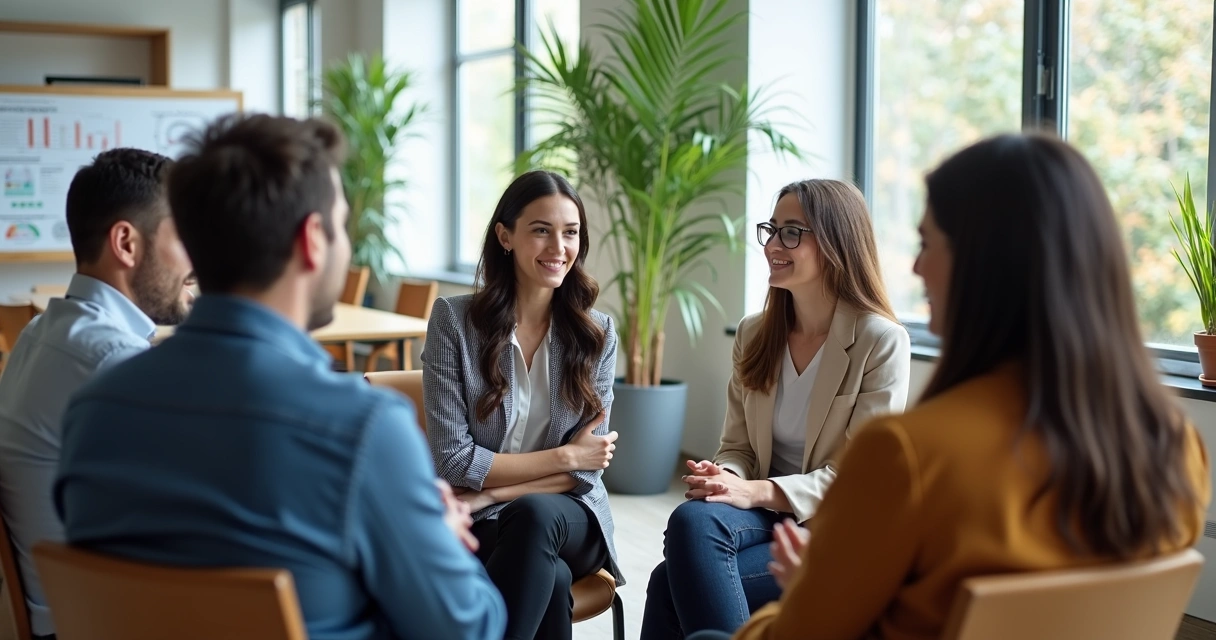 Pessoas sentadas em círculo conversando em ambiente de escritório