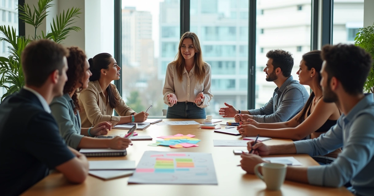 Equipe diversa em mesa redonda praticando diálogo integrativo no escritório 