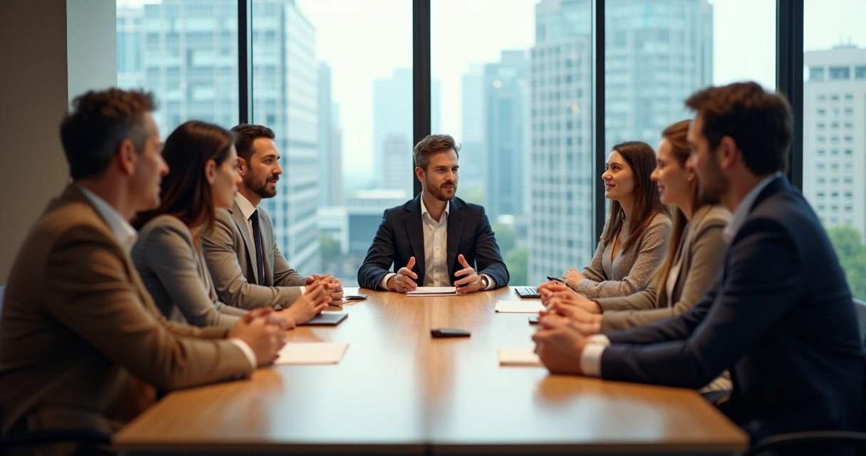 Equipe em sala de reunião, ouvindo-se com atenção e respeito 