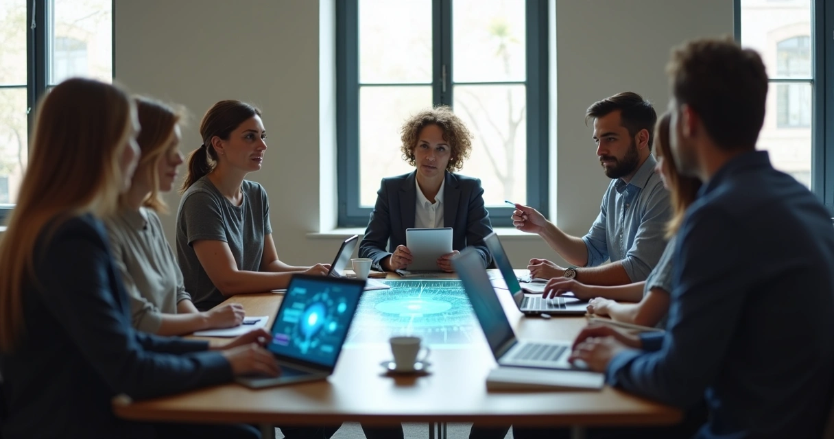 Equipe em diálogo diante de recursos digitais 