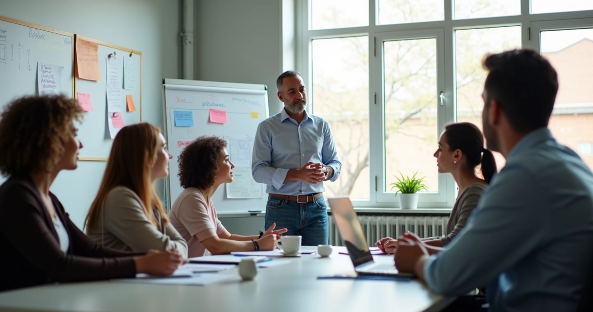 Equipe diversa em reunião com líder ao centro 