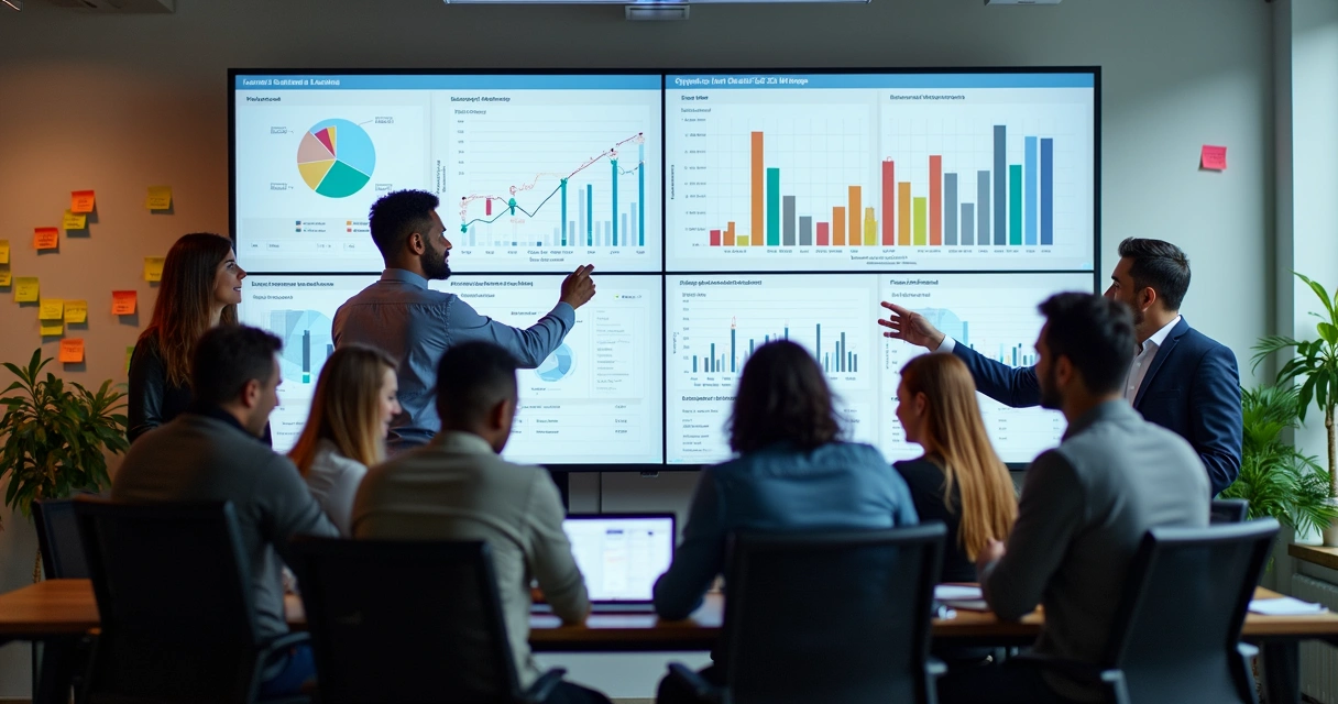 Equipe digital analisando dados sofisticados em telas grandes em ambiente moderno 