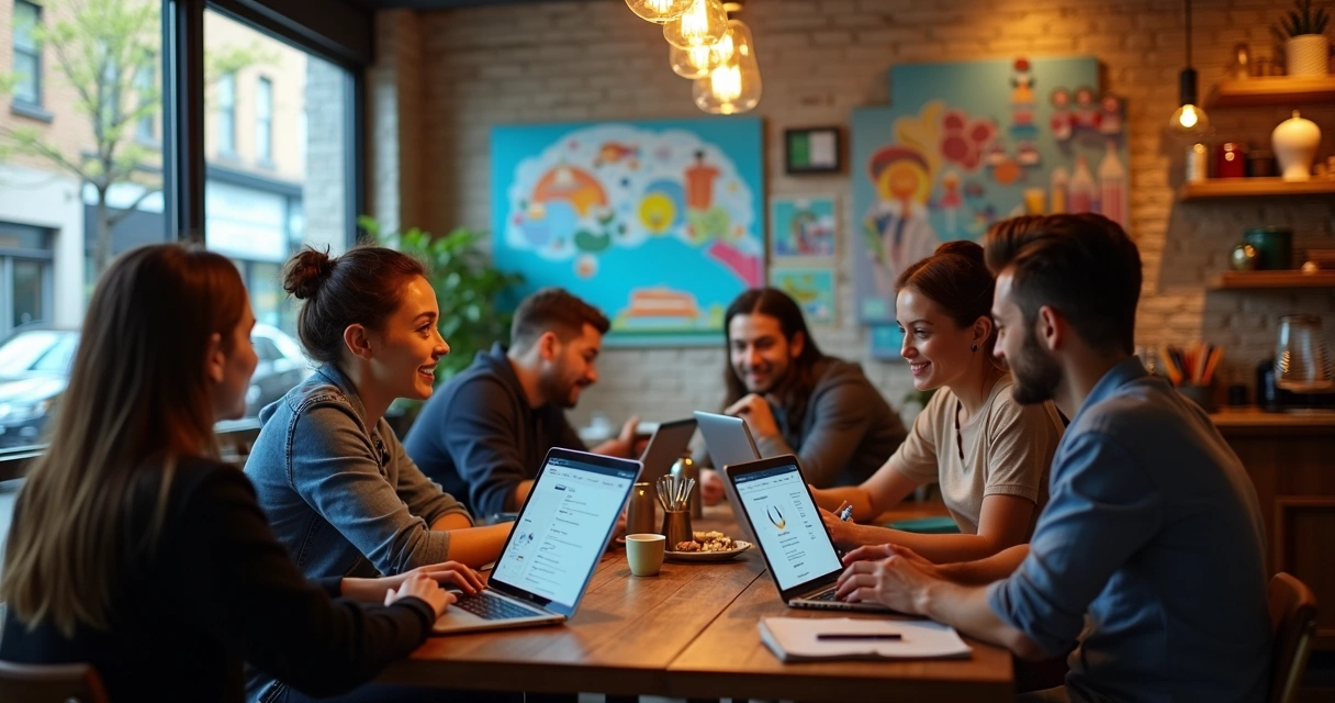 Reunião de equipe digital em cafeteria em Itu 
