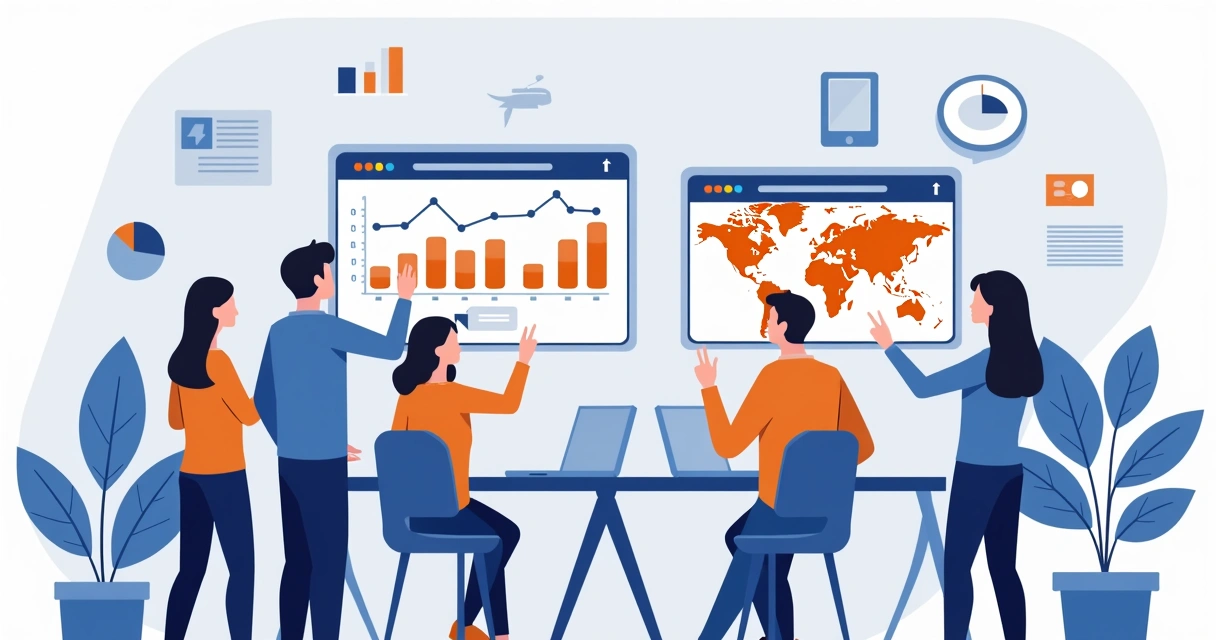 Equipe digital de campanha analisando métricas em telas 