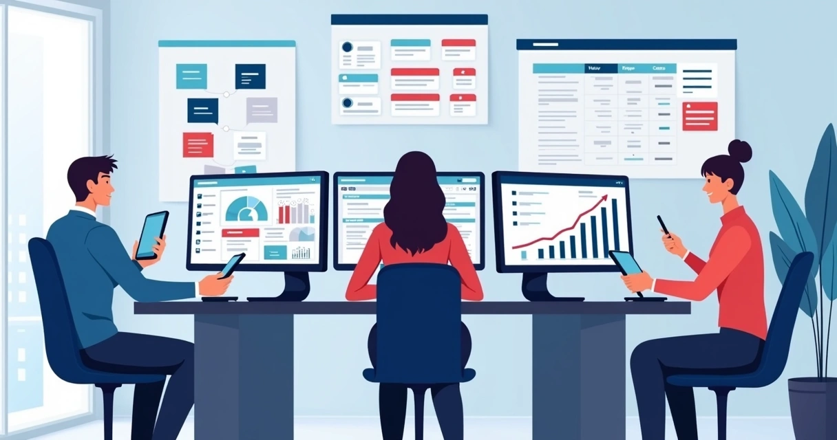 Equipe fazendo gerenciamento digital de campanha em computadores 