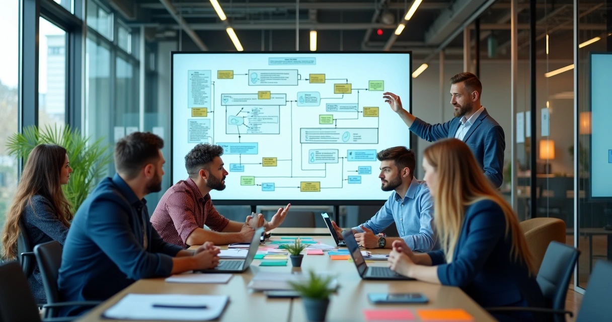 Equipe colaborando para inovação digital em software 