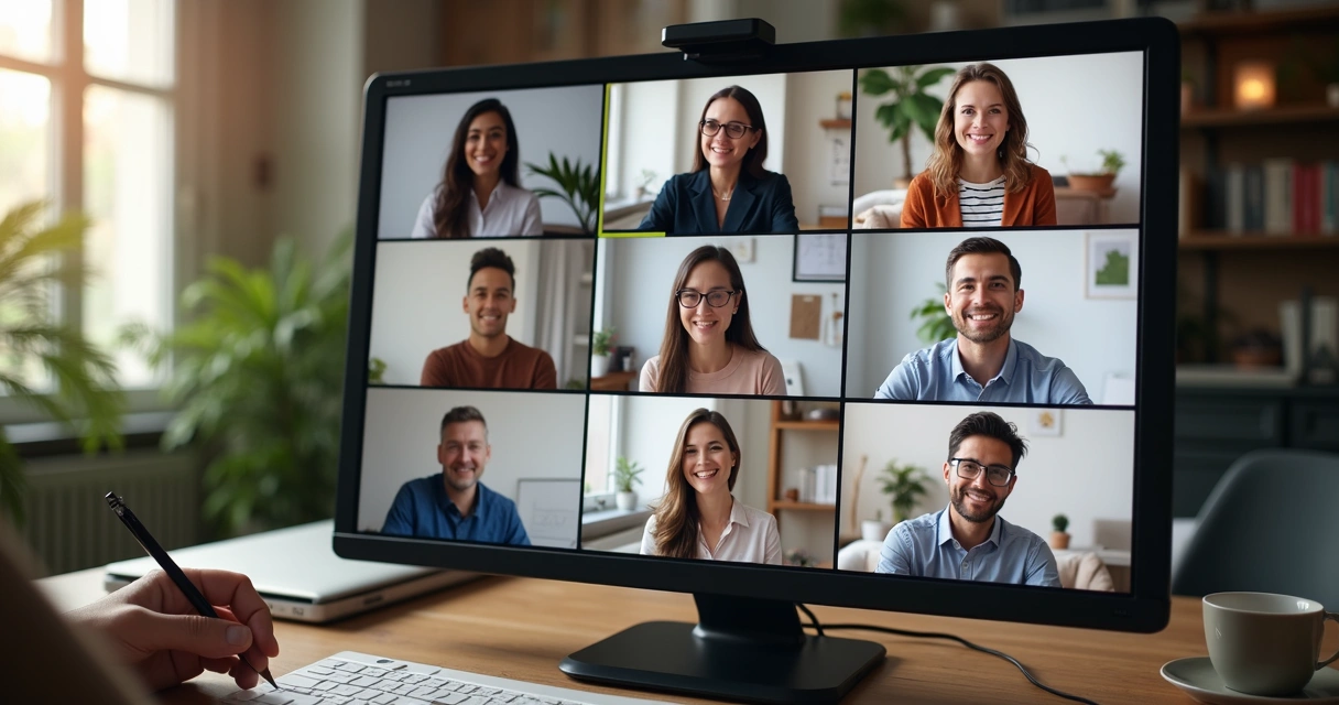 Equipe digital em videoconferência, pessoas sorrindo numa tela dividida, ambiente de home office 