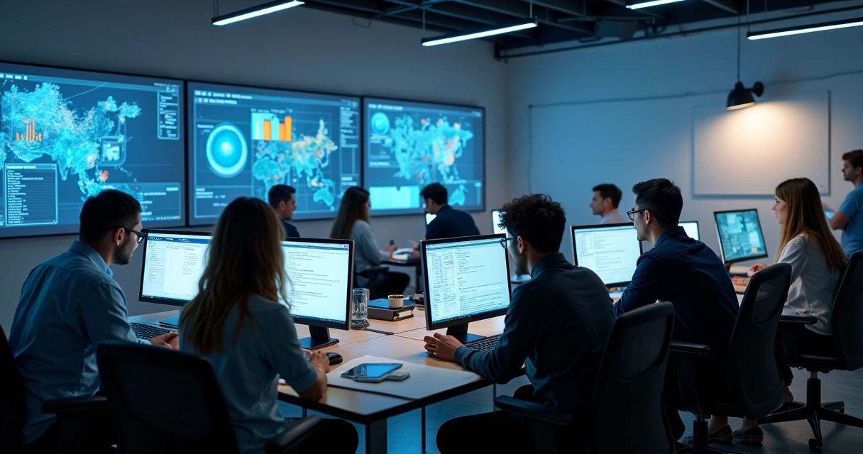 Equipe digital analisando dados em telas grandes 