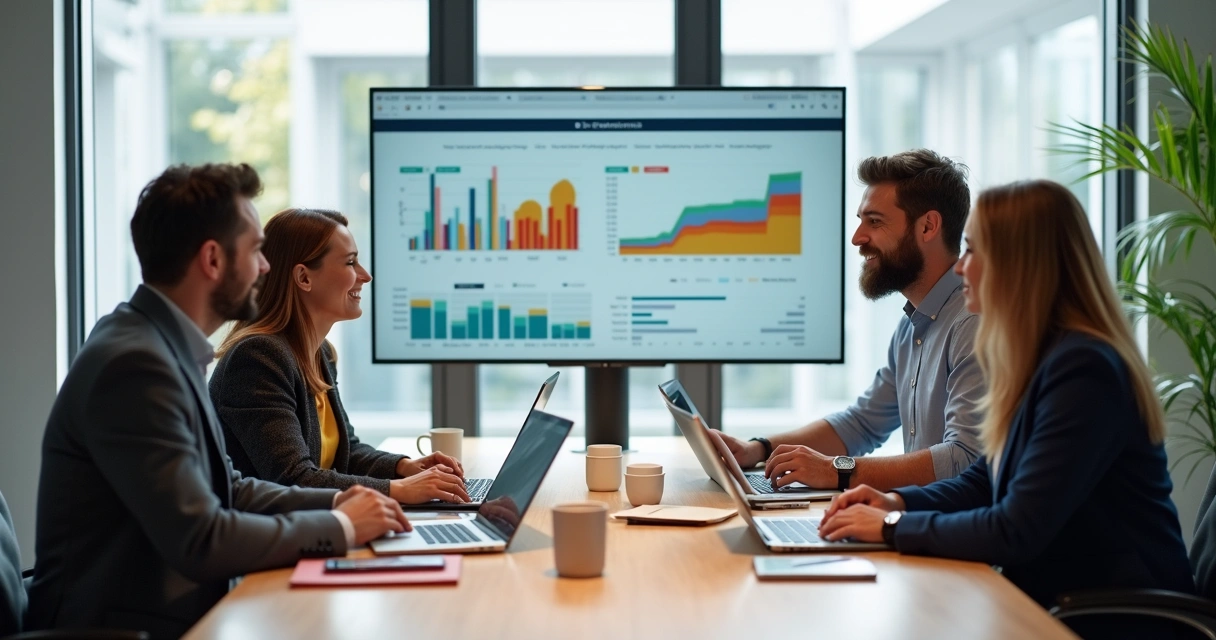 Equipe pequena de empresa reunida em frente a computadores analisando gráficos digitais 