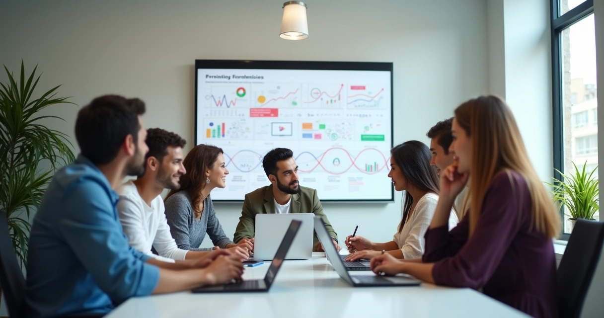 Equipe digital trabalhando em estratégias de marketing 