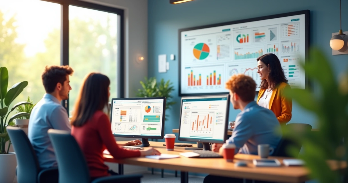 Equipe digital analisando dados de vendas em monitores grandes 