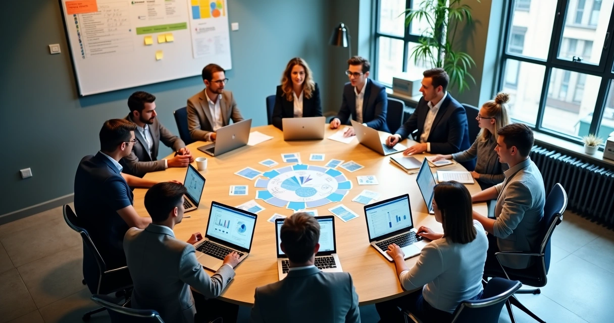Equipe de marketing digital reunida em mesa redonda com notebooks